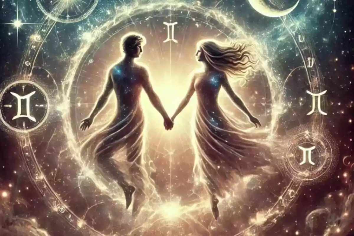 Dos figuras humanas luminosas, una masculina y otra femenina, flotan en el espacio y se toman de la mano, rodeadas de símbolos zodiacales de Géminis.