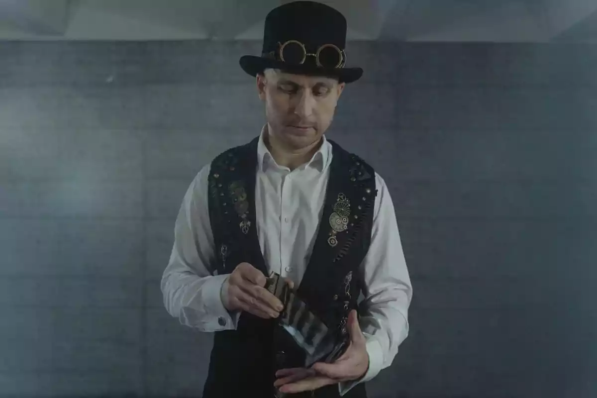 Un hombre con sombrero de copa y gafas de estilo steampunk, vestido con una camisa blanca y un chaleco decorado, baraja un mazo de cartas.