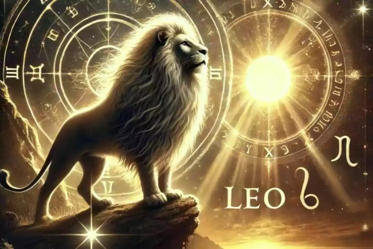 Un león majestuoso de pie sobre una roca con un fondo de símbolos zodiacales y el sol brillante, representando el signo de Leo.