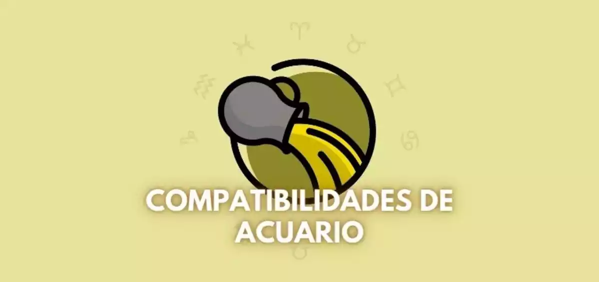 Imagen del logo de Acuario, acompañado de la frase 'Compatibilidades de Acuario' y rodeado por un círculo con todos los signos del Zodiaco