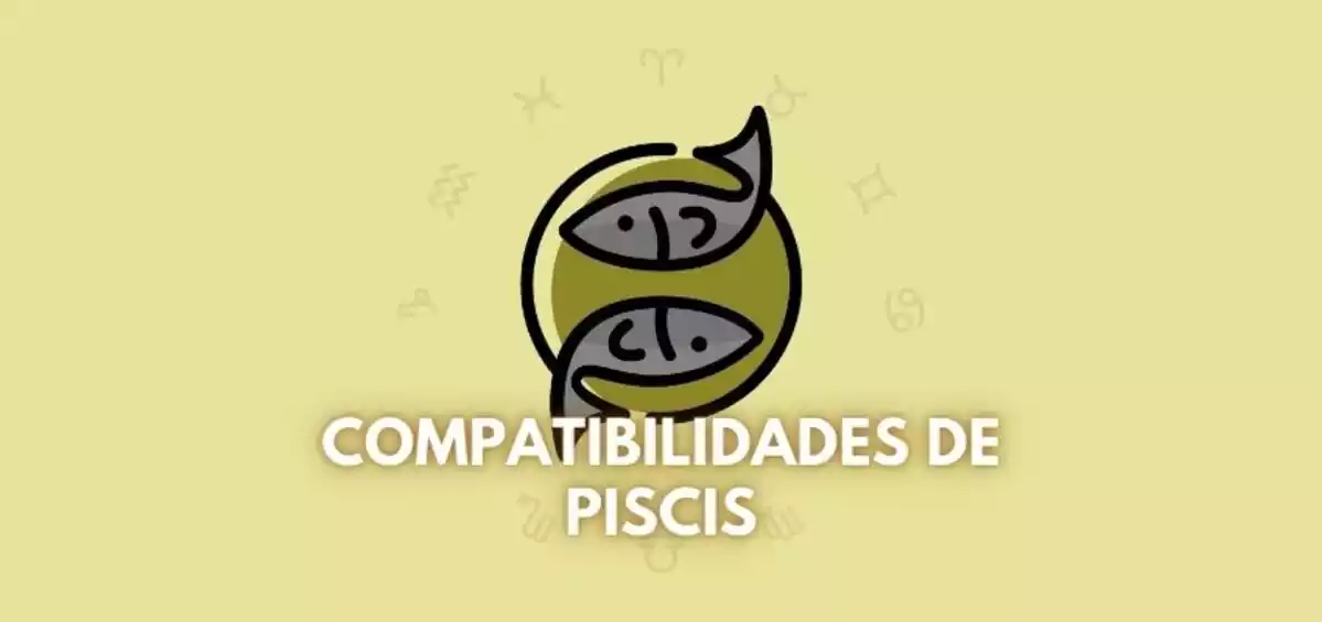 Imagen del logo de Piscis, acompañado de la frase 'Compatibilidades de Piscis' y rodeado por un círculo con todos los signos del Zodiaco