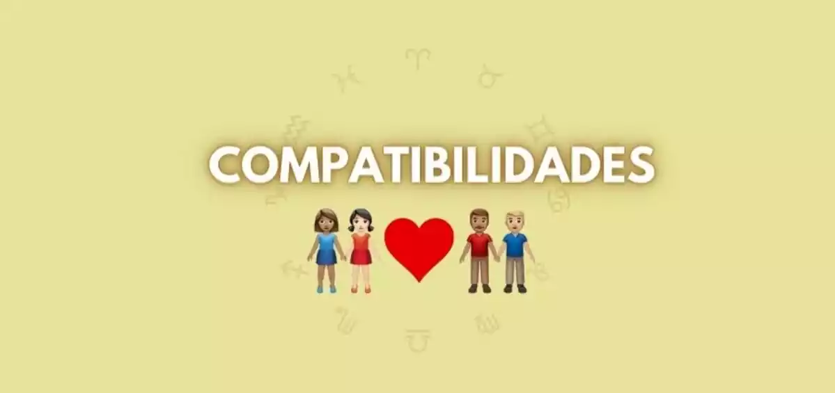 La palabra 'Compatibilidades' rodeada por un círculo con los símbolos de los signos del Zodiaco y acompañada de dos emojis de parejas y un corazón rojo